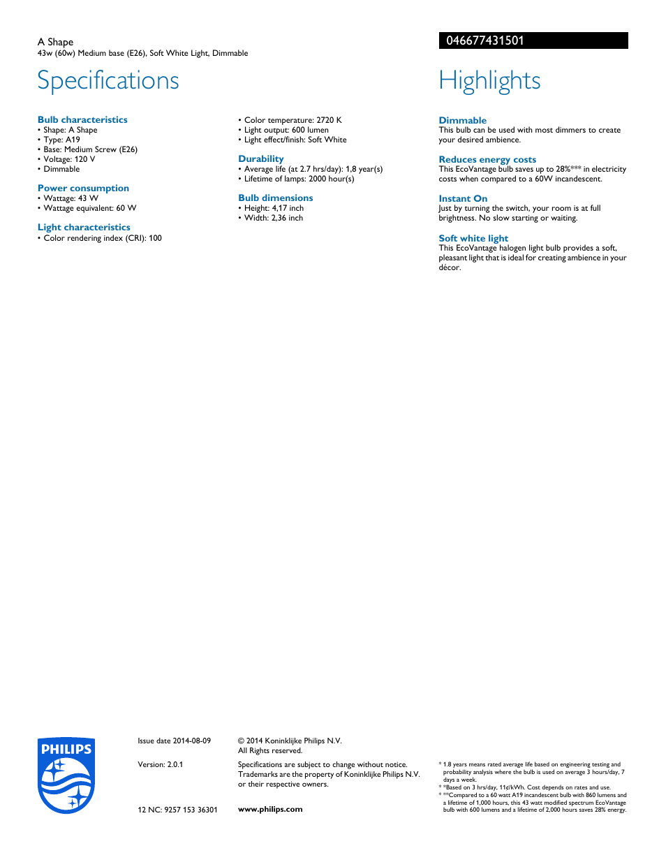 Specifications, Highlights | Philips 046677431501 User Manual | Page 2 / 2
