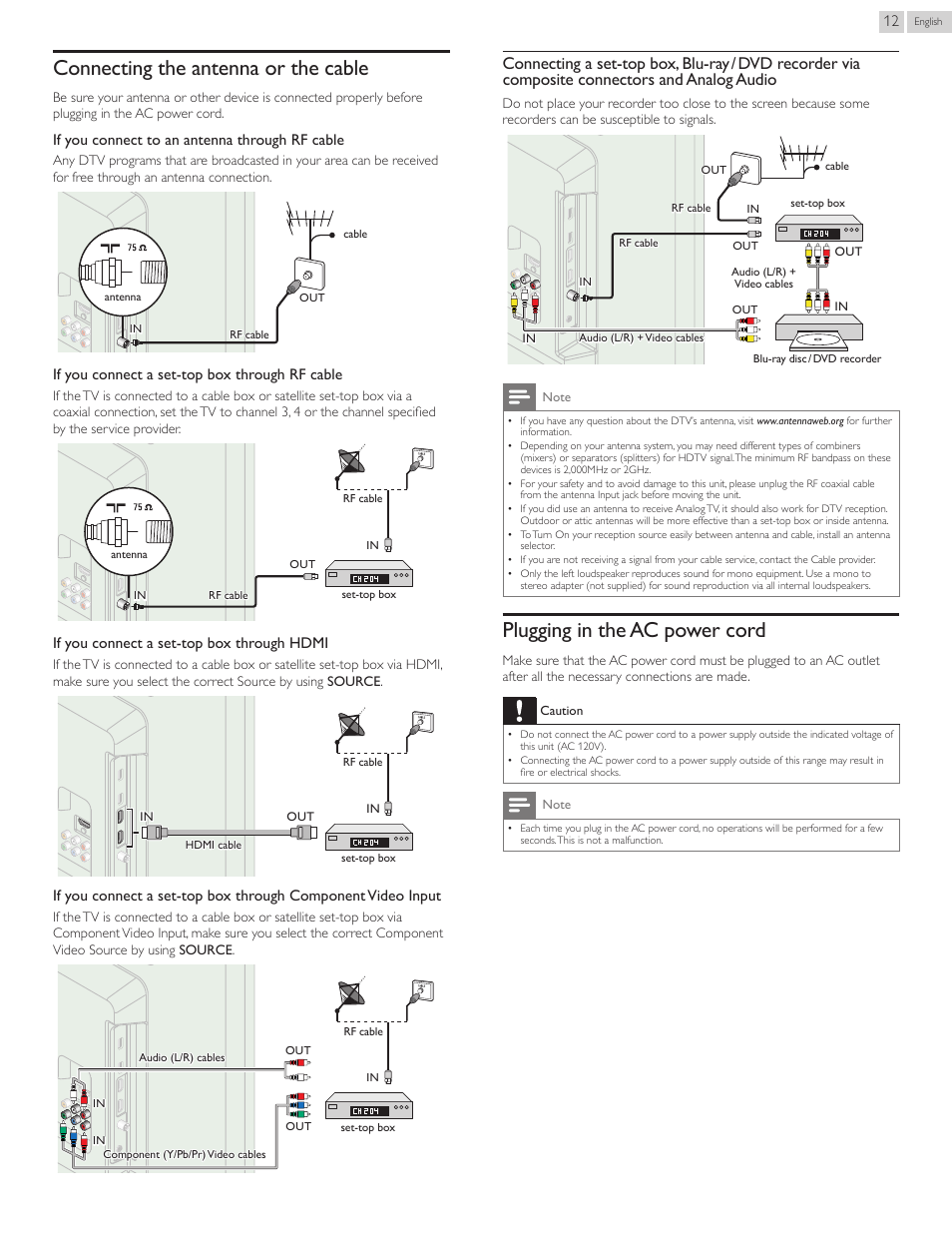 Connecting the antenna or the cable, Plugging in the ac power cord | Philips 50PFL3807-F7 User Manual | Page 12 / 67