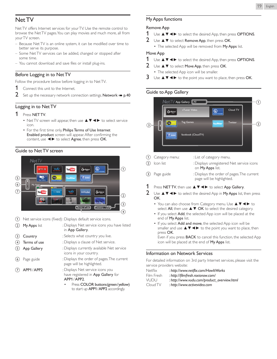 Nettv, Net tv, P. 19 | Before logging in to net tv, Logging in to net tv, Guide to net tv screen, My apps functions, Guide to app gallery, Information on network services | Philips 50PFL3807-F7 User Manual | Page 19 / 67