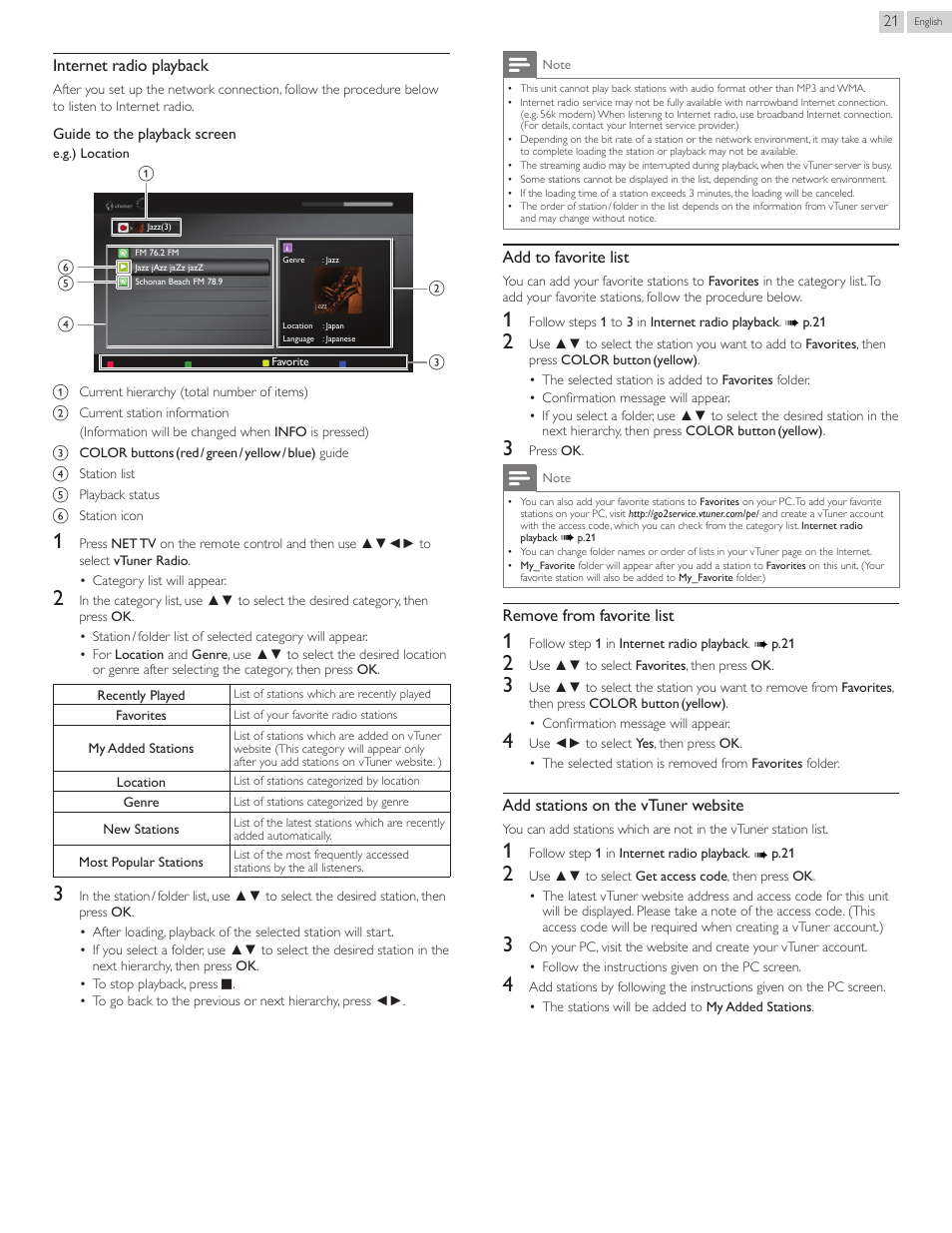 Internet radio playback, Add to favorite list, Remove from favorite list | Add stations on the vtuner website | Philips 50PFL3807-F7 User Manual | Page 21 / 67