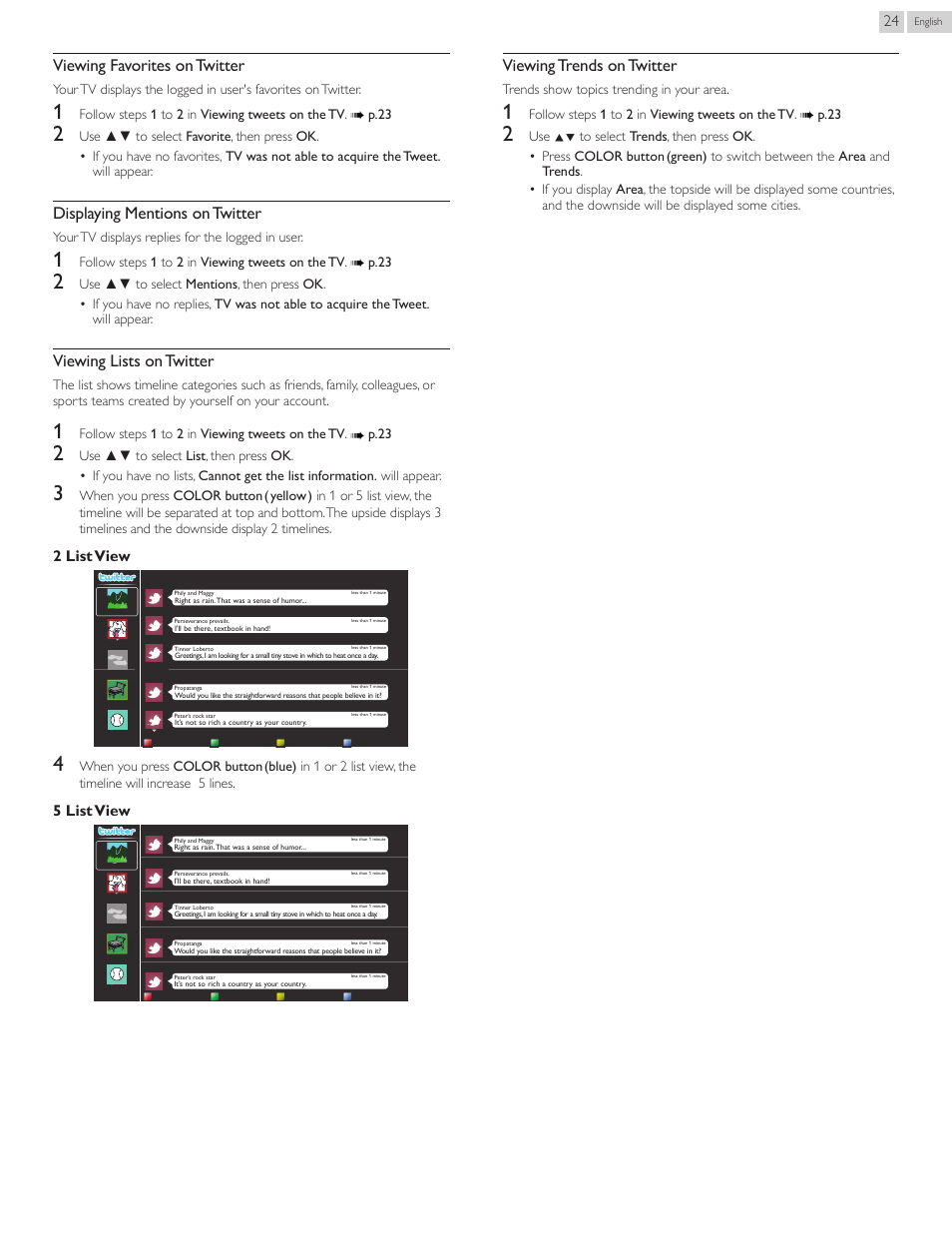 Viewing favorites on twitter, Displaying mentions on twitter, Viewing lists on twitter | Viewing trends on twitter, 2listview, 5listview | Philips 50PFL3807-F7 User Manual | Page 24 / 67