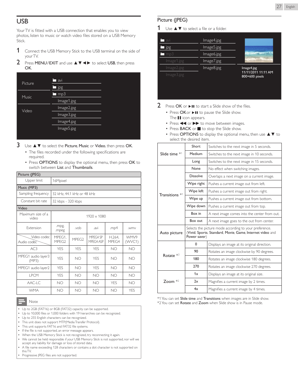 Usb 27, Picture (jpeg) | Philips 50PFL3807-F7 User Manual | Page 27 / 67