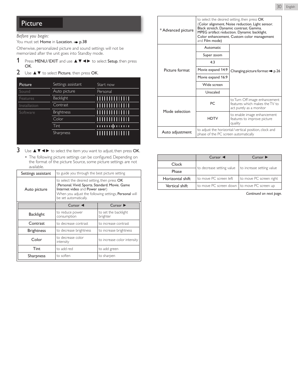 Picture, P. 30 | Philips 50PFL3807-F7 User Manual | Page 30 / 67