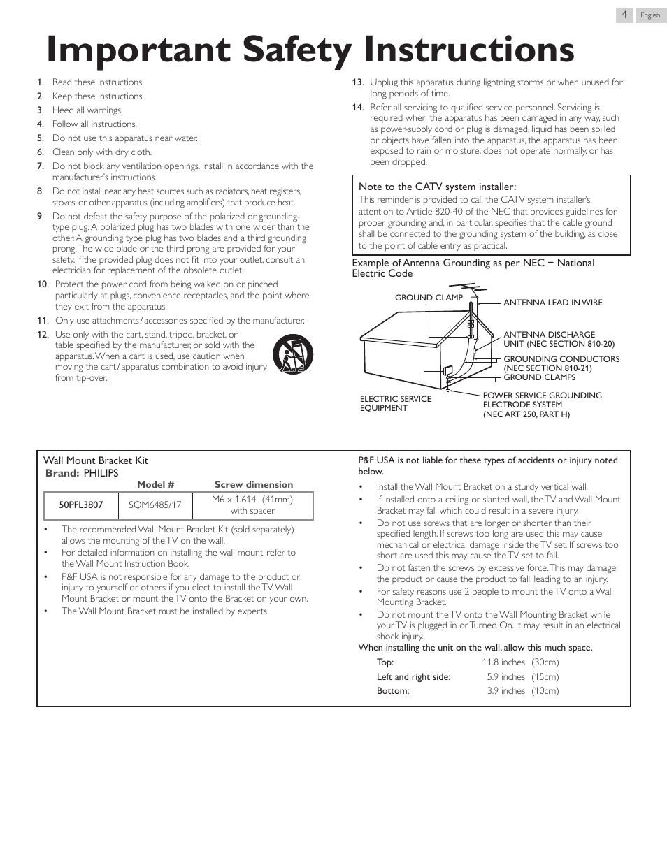 Importantsafetyinstructions | Philips 50PFL3807-F7 User Manual | Page 4 / 67