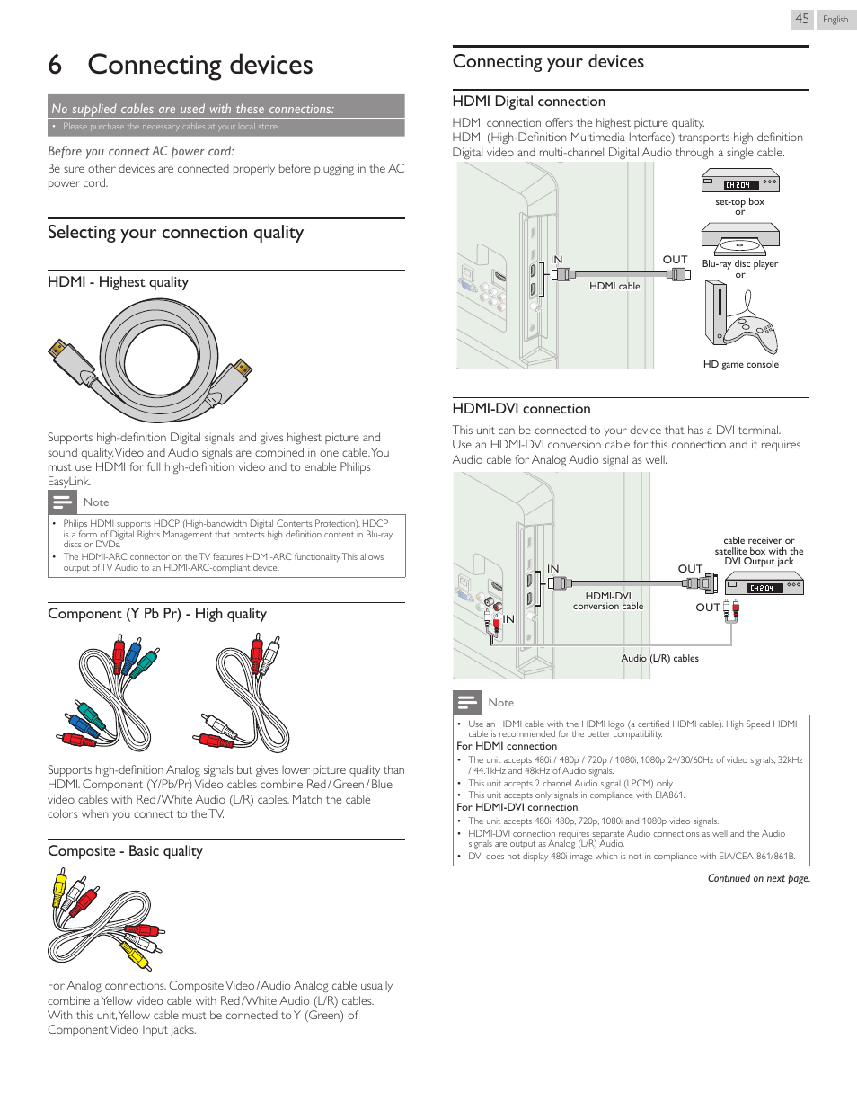 Connecting devices, Selecting your connection quality, Connecting your devices | 6 connecting devices, Hdmi - highest quality, Component (y pb pr) - high quality, Composite - basic quality, Hdmi digital connection, Hdmi-dvi connection | Philips 50PFL3807-F7 User Manual | Page 45 / 67