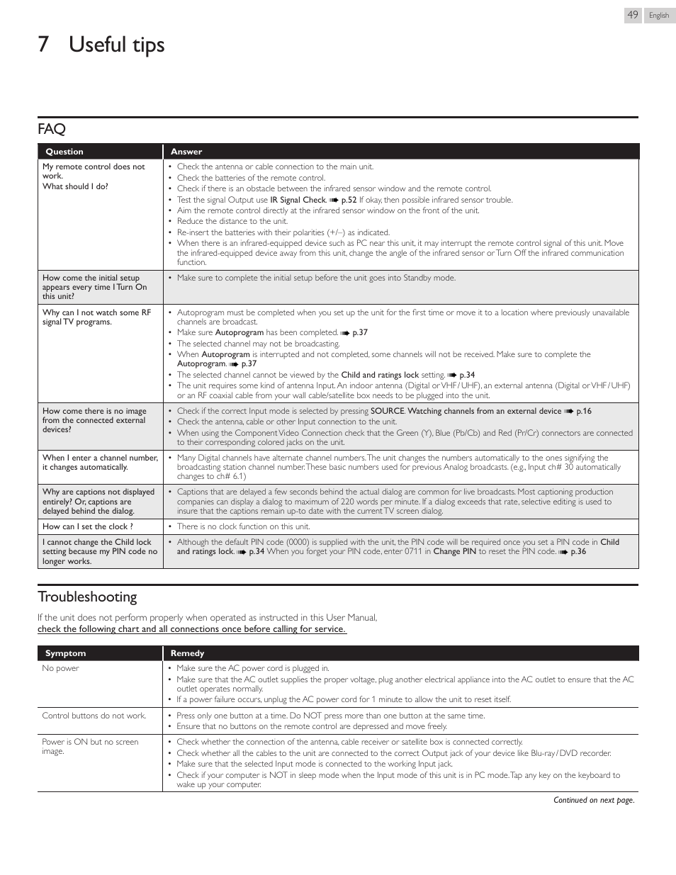 Useful tips, Troubleshooting, 7 useful tips | Faq 49 | Philips 50PFL3807-F7 User Manual | Page 49 / 67