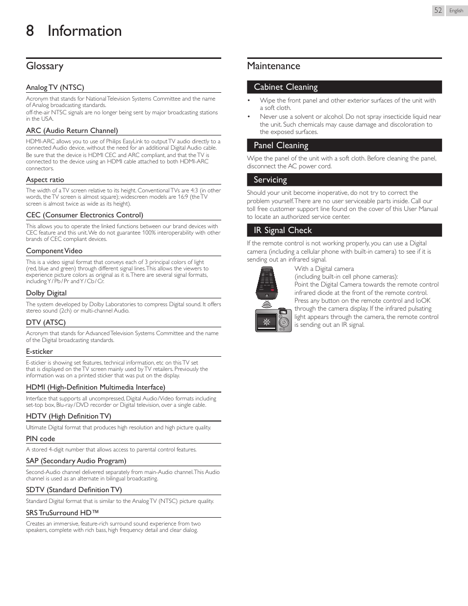 Information, Glossary, Maintenance | 8 information, Glossary 52, Ir signal check, P. 52 if oka, Cabinet cleaning, Panel cleaning, Servicing | Philips 50PFL3807-F7 User Manual | Page 52 / 67