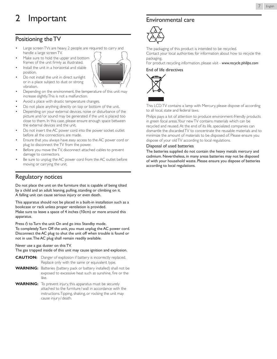 Important, Positioning the tv, Regulatory notices | Environmental care, 2 important | Philips 50PFL3807-F7 User Manual | Page 7 / 67