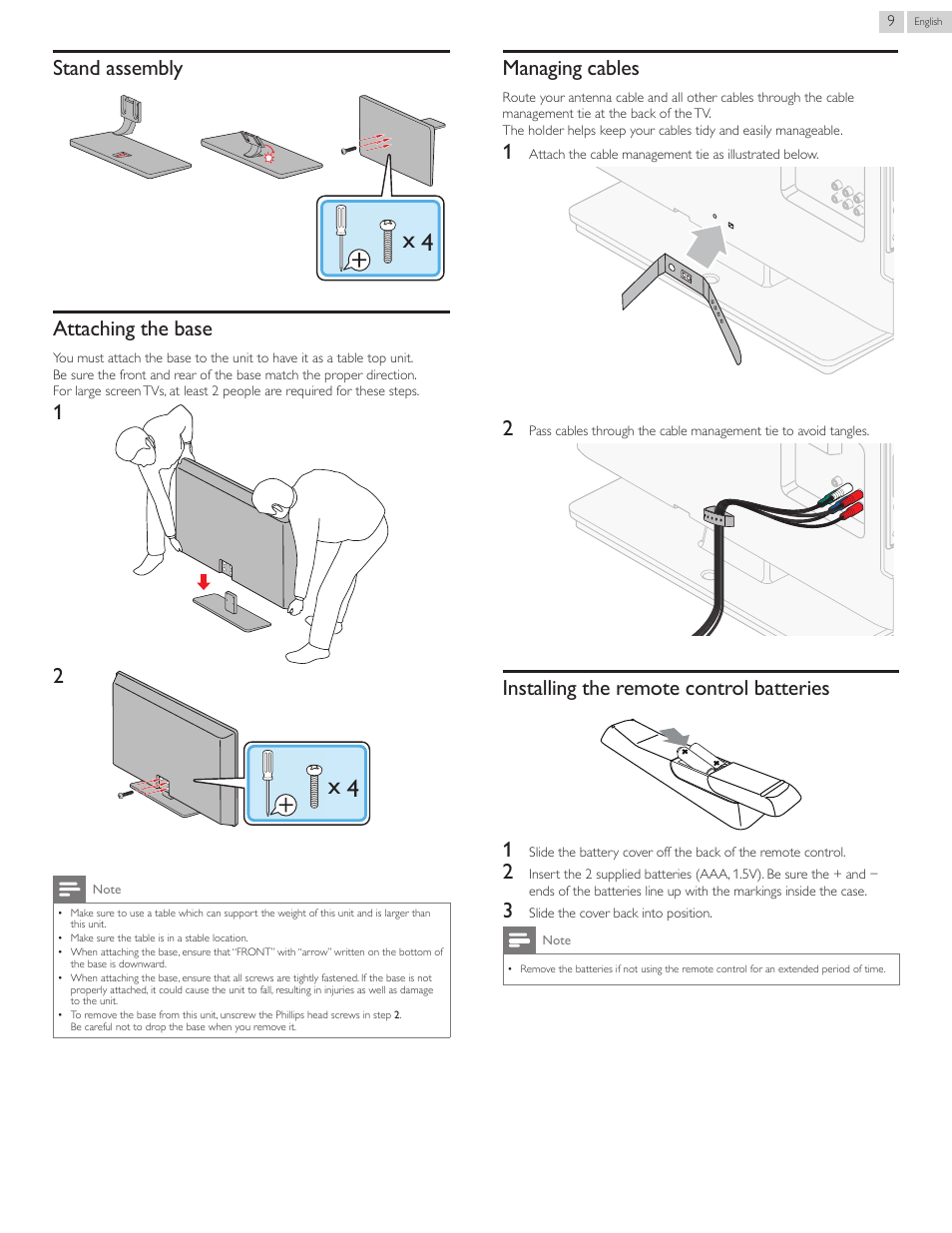 Attaching the base, Managing cables, Installing the remote control batteries | Stand assembly, Installing the remote control batteries 1 | Philips 50PFL3807-F7 User Manual | Page 9 / 67