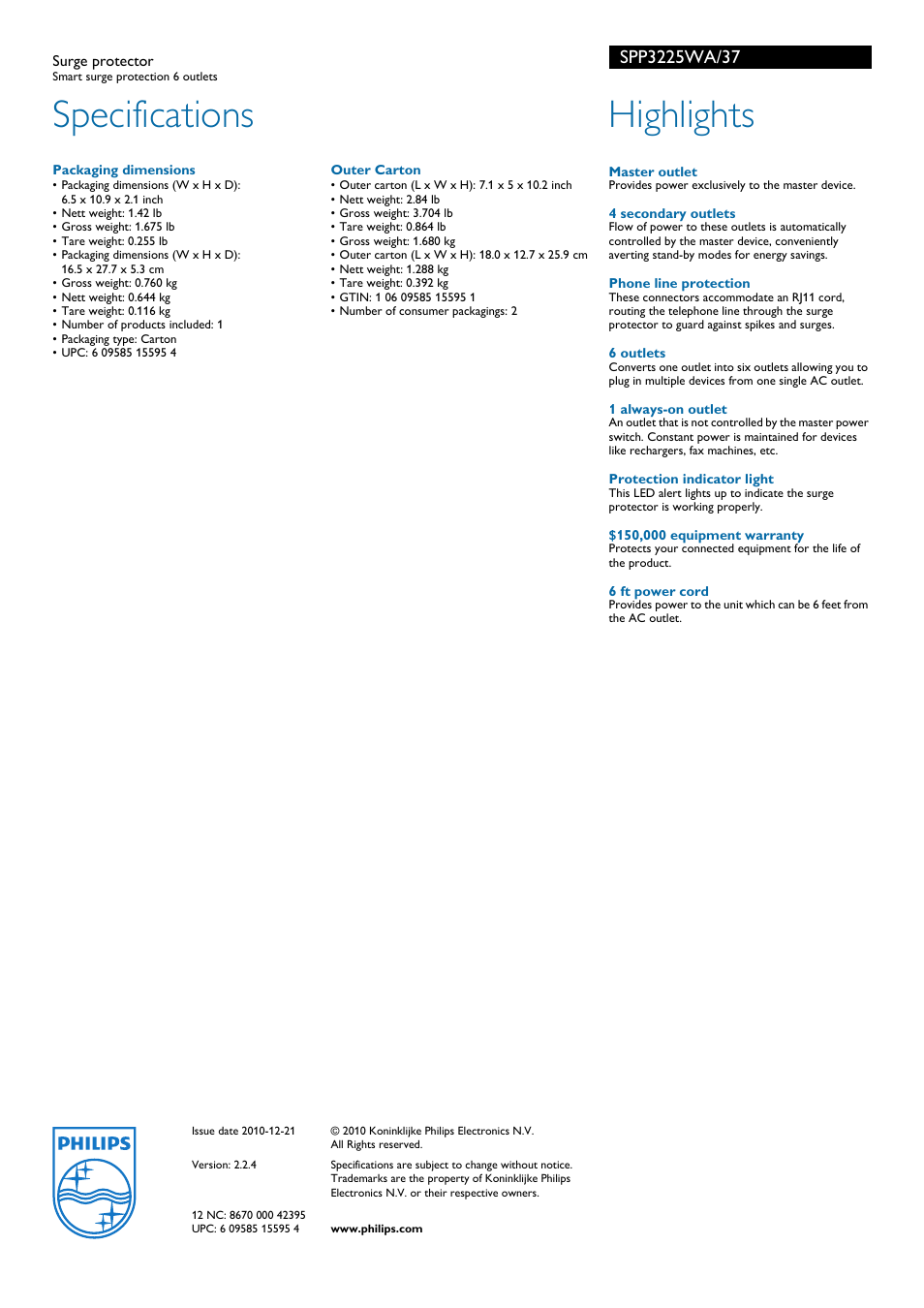 Specifications, Highlights | Philips SPP3225WA-37 User Manual | Page 2 / 2