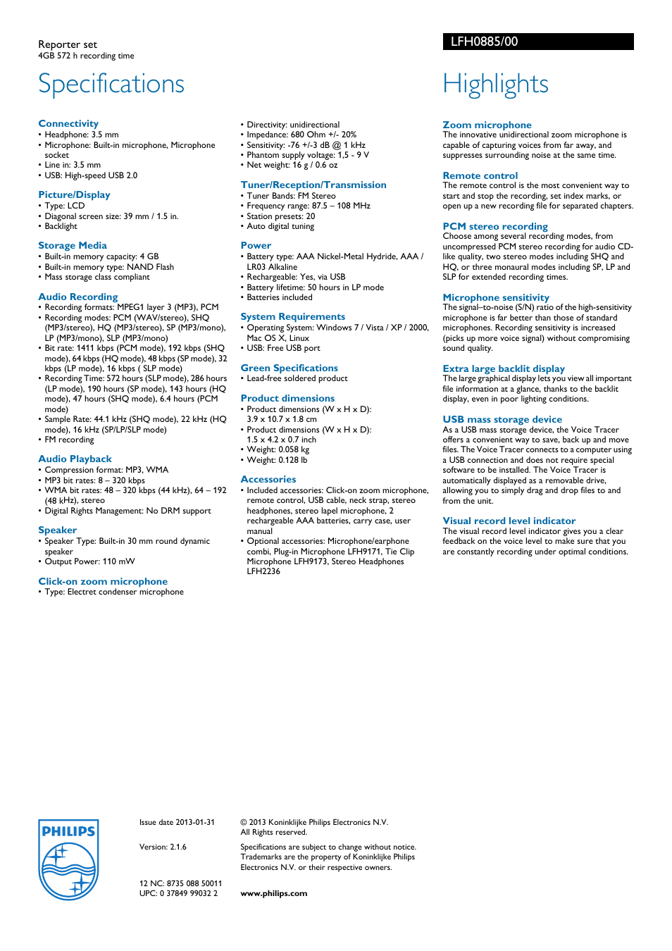 Specifications, Highlights | Philips LFH0885-00 User Manual | Page 2 / 2