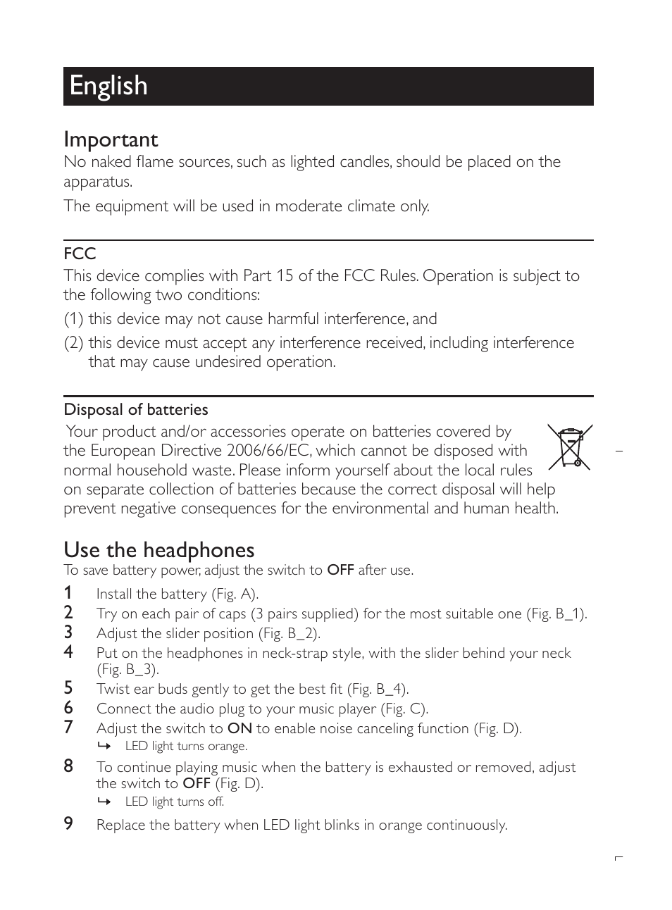 English, Important, Use the headphones | Philips SHN2600-28 User Manual | Page 3 / 4