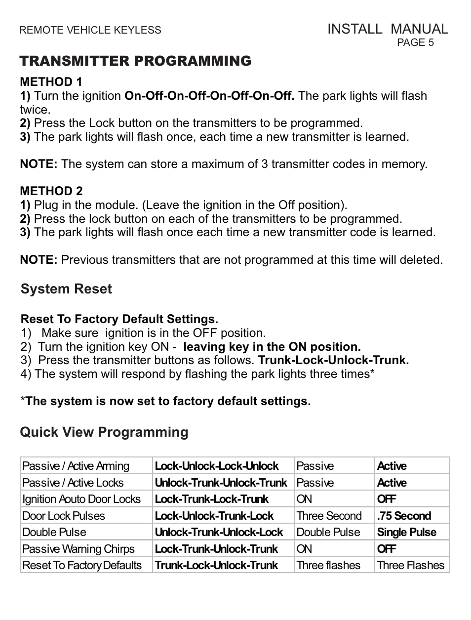 Transmitter programming, System reset, Install manual | Quick view programming | Ultra Start KE-5 User Manual | Page 5 / 8