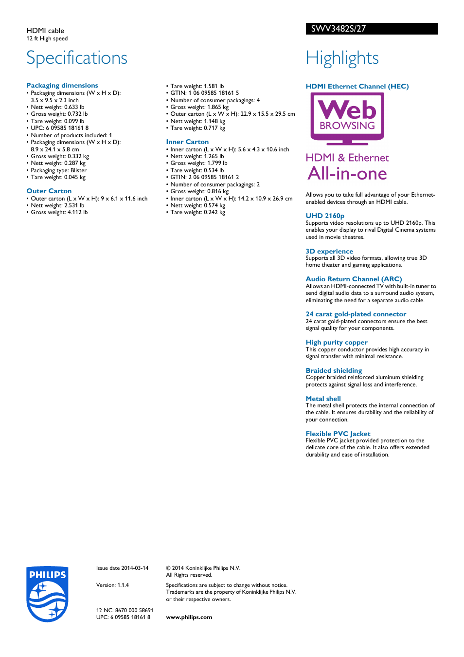 Specifications, Highlights | Philips SWV3482S-27 User Manual | Page 2 / 2