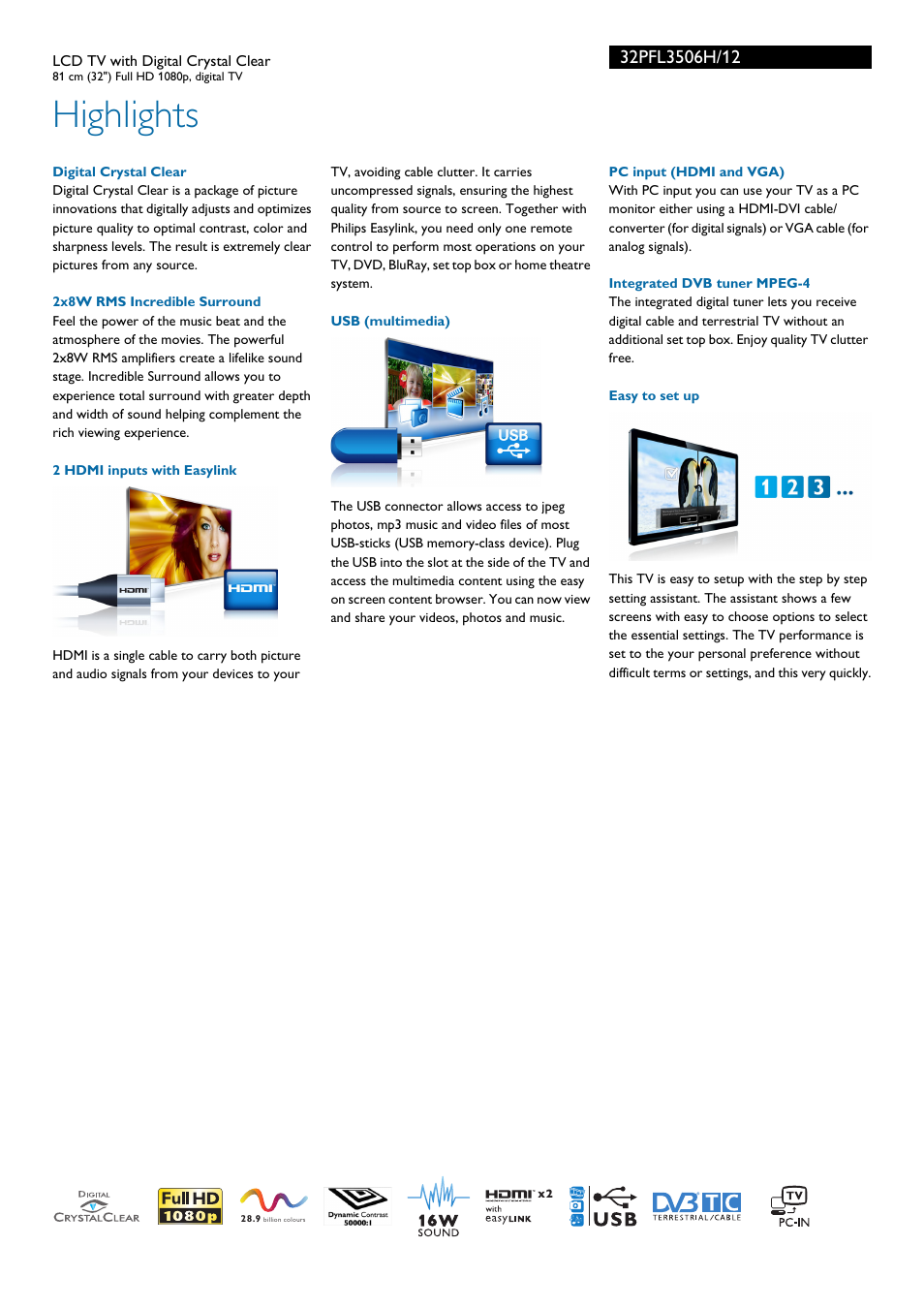 Highlights | Philips 32PFL3506H-12 User Manual | Page 2 / 3