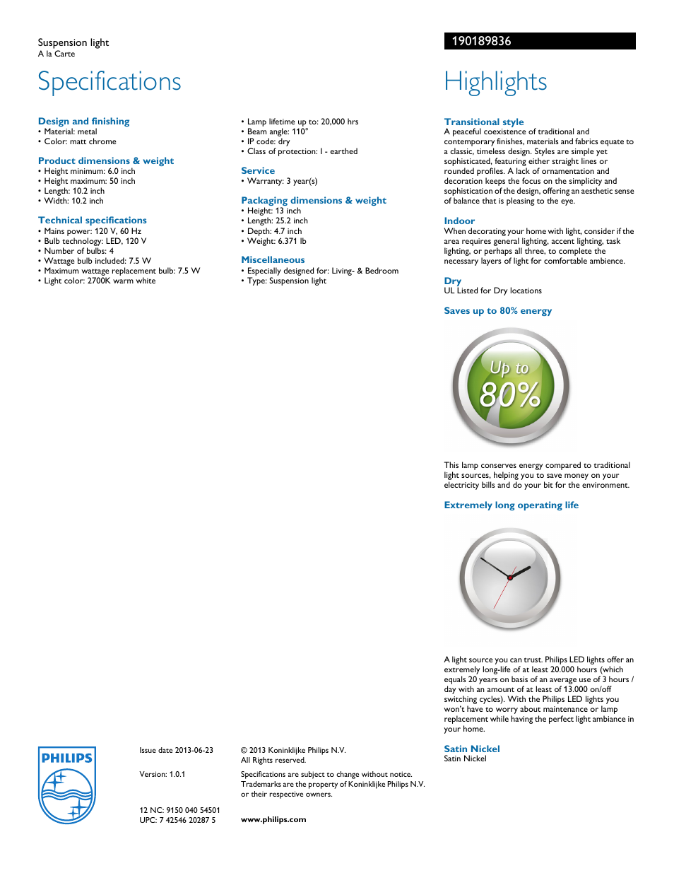 Specifications, Highlights | Philips 190189836 User Manual | Page 2 / 2