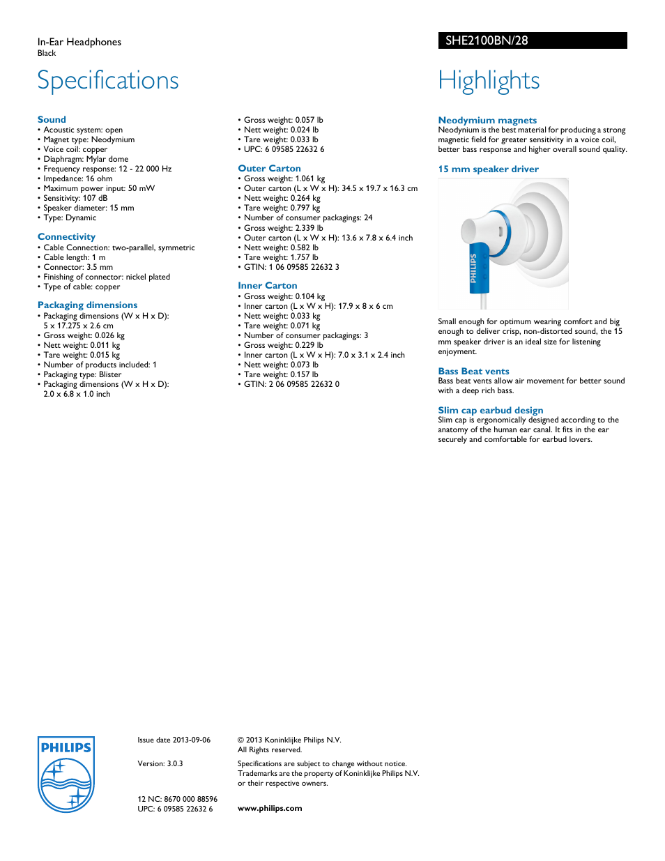 Specifications, Highlights | Philips SHE2100BN-28 User Manual | Page 2 / 2