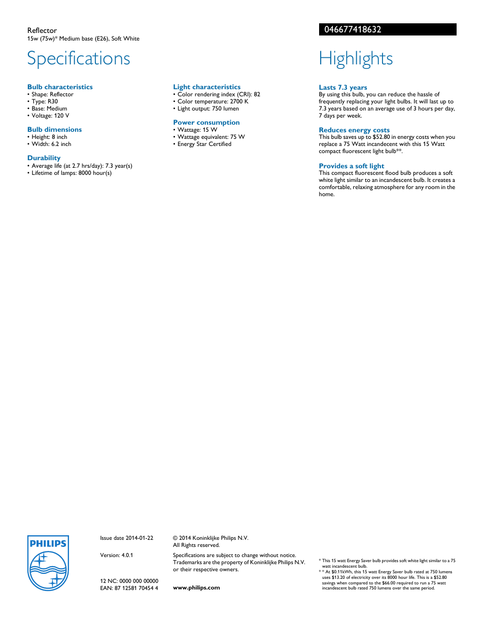 Specifications, Highlights | Philips 046677418632 User Manual | Page 2 / 2