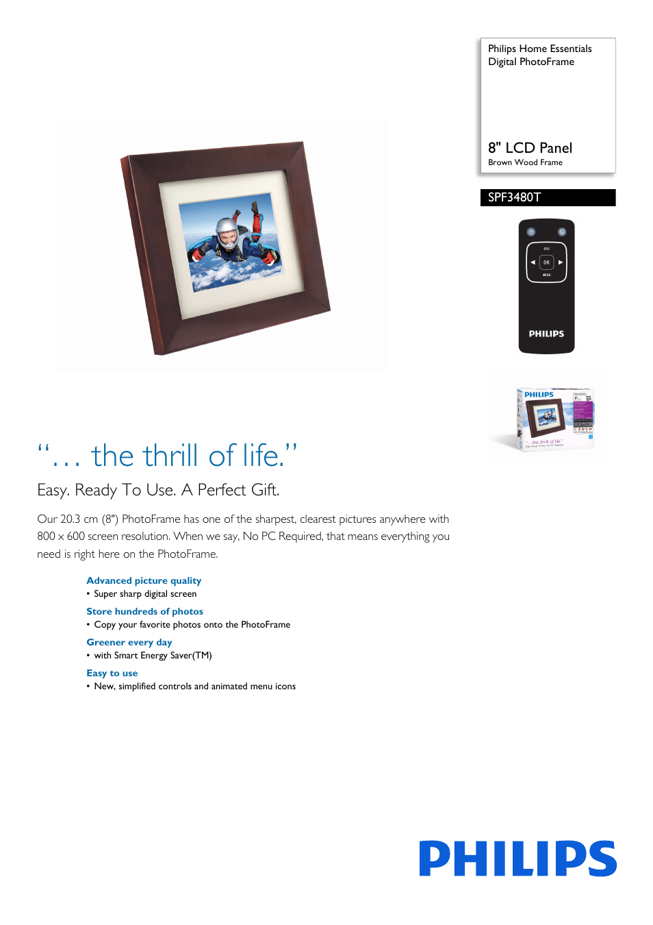 Philips Home Essentials Digital PhotoFrame SPF3480T 8" LCD Panel Brown Wood Frame User Manual | 2 pages