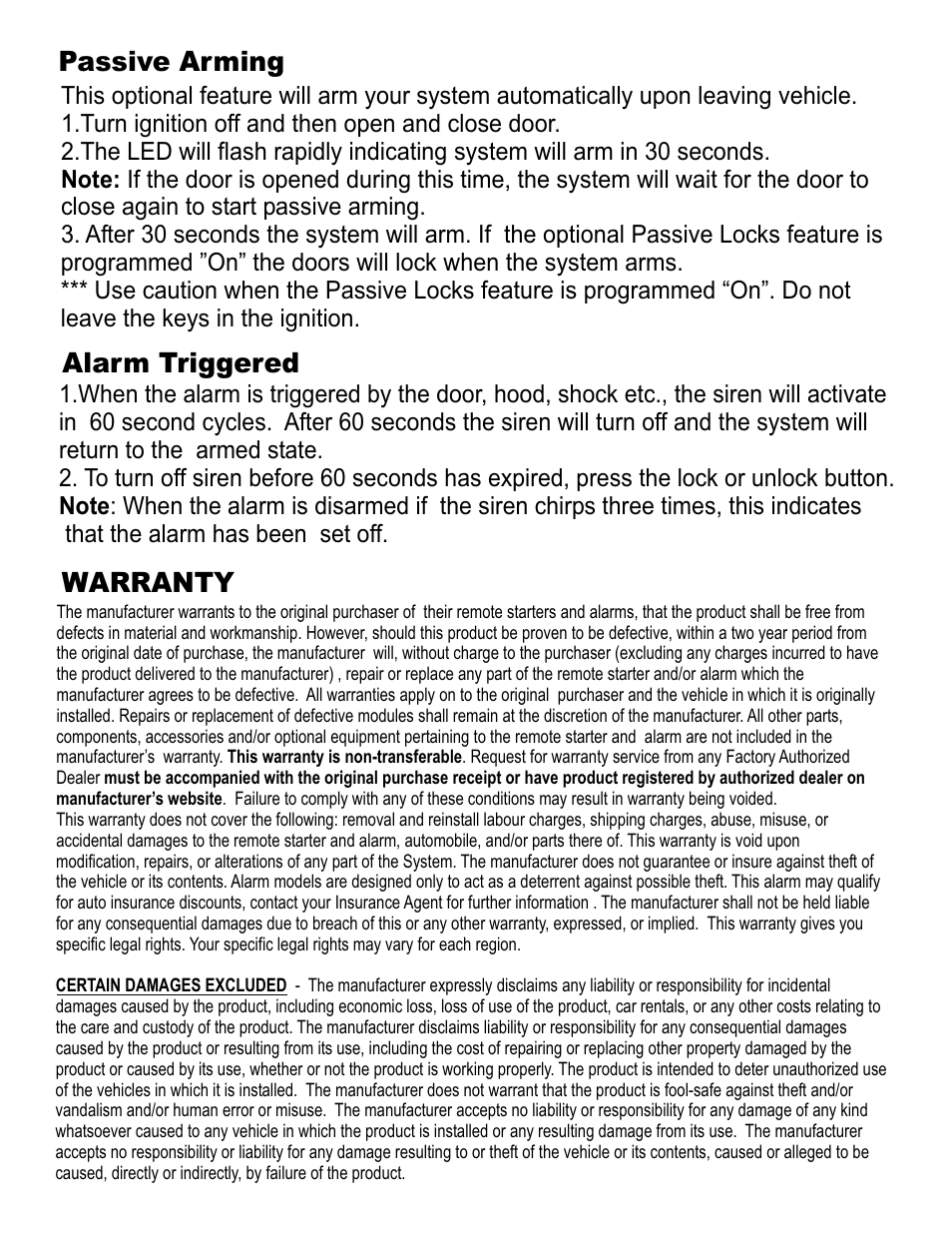 Warranty, Passive arming, Alarm triggered | Ultra Start 440 Series User Manual | Page 4 / 4
