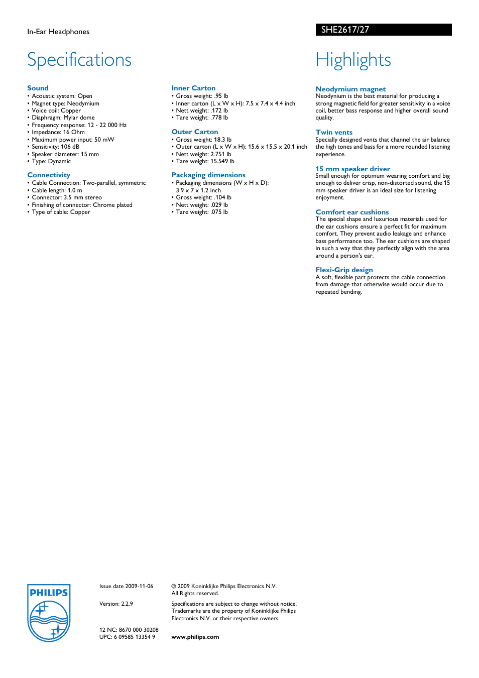 Specifications, Highlights | Philips SHE2617-27 User Manual | Page 2 / 2