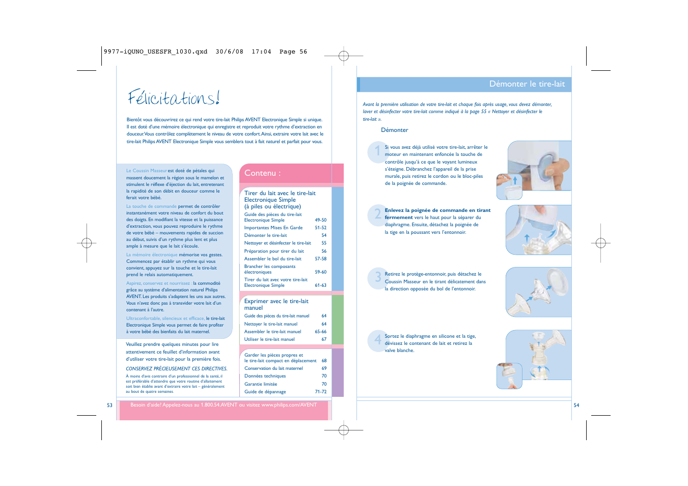 Félicitations, Contenu, Démonter le tire-lait | Philips SCF302-01 User Manual | Page 28 / 38