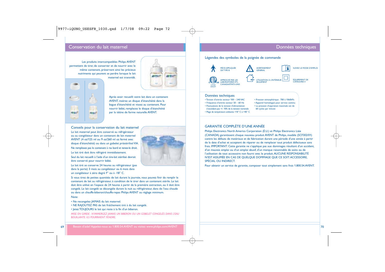 Données techniques, Conservation du lait maternel | Philips SCF302-01 User Manual | Page 36 / 38