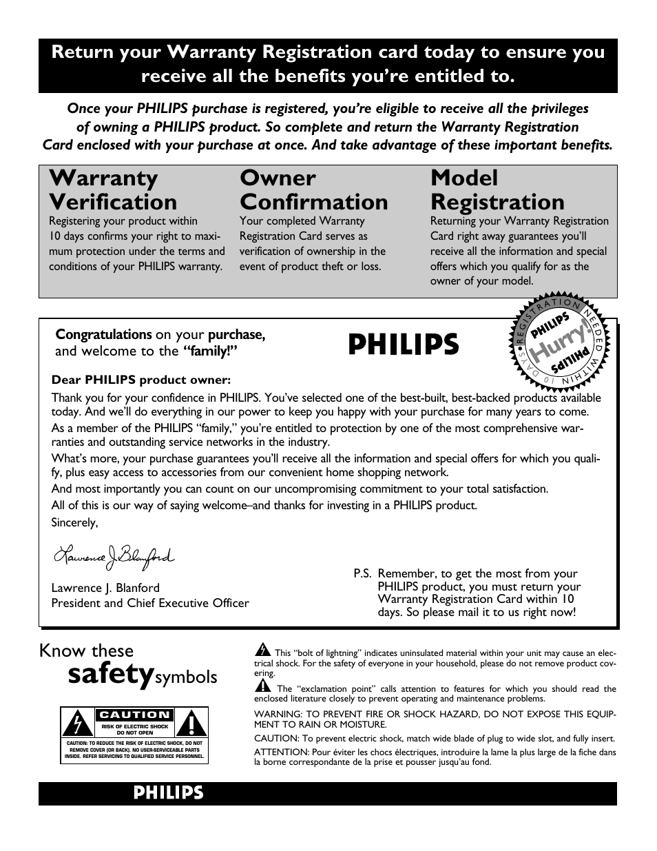 Safety, Warranty verification, Owner confirmation | Model registration, Hurry, Know these, Symbols t | Philips 30PW850H User Manual | Page 2 / 56