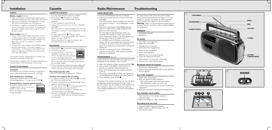 Installation cassette, Radio/maintenance troubleshooting, Mains | Ab c d | Philips PORTABLE RADIO CASS REC SINGLE User Manual | Page 2 / 2