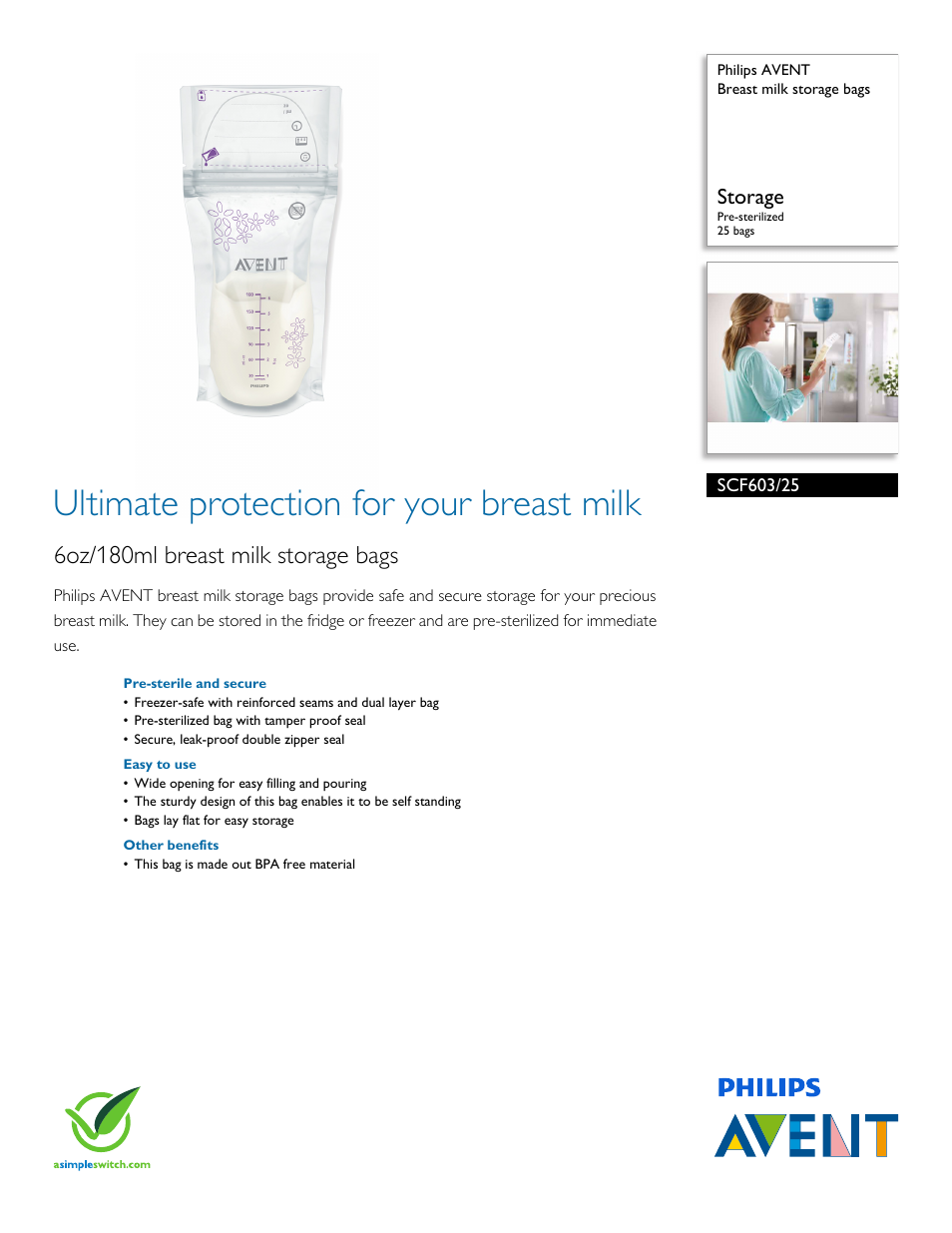 Philips AVENT Breast milk storage bags SCF603-25 Storage Pre-sterilized 25 bags User Manual | 2 pages