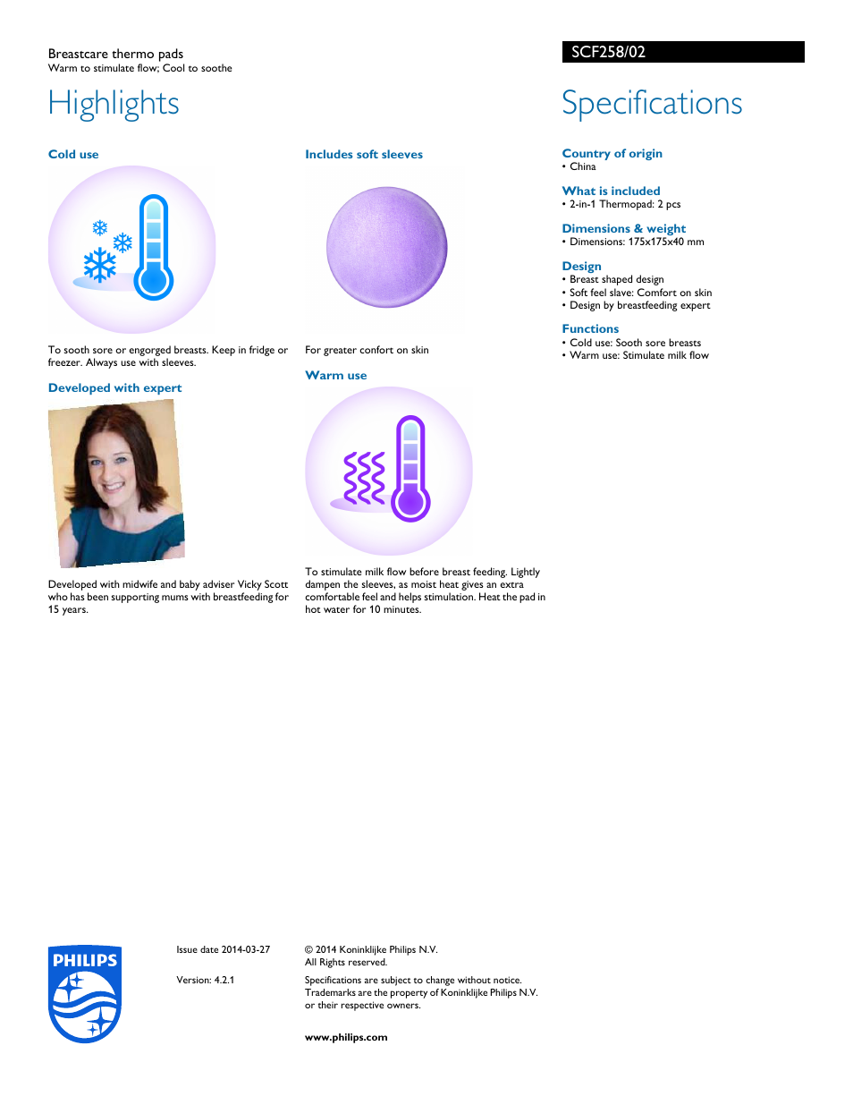 Highlights, Specifications | Philips SCF258-02 User Manual | Page 2 / 2