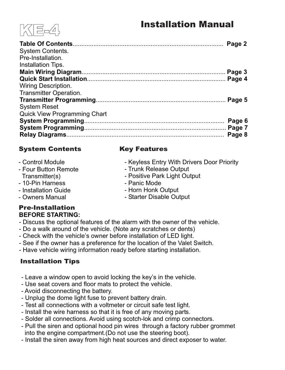 Ke-4, Installation manual | Ultra Start KE-4 User Manual | Page 2 / 8