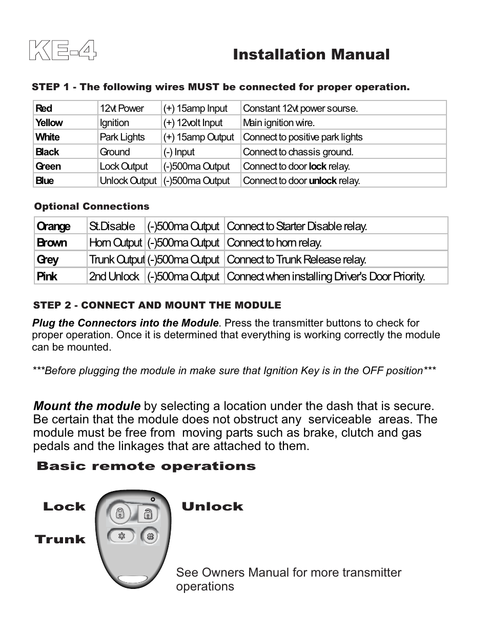 Ke-4, Installation manual | Ultra Start KE-4 User Manual | Page 4 / 8