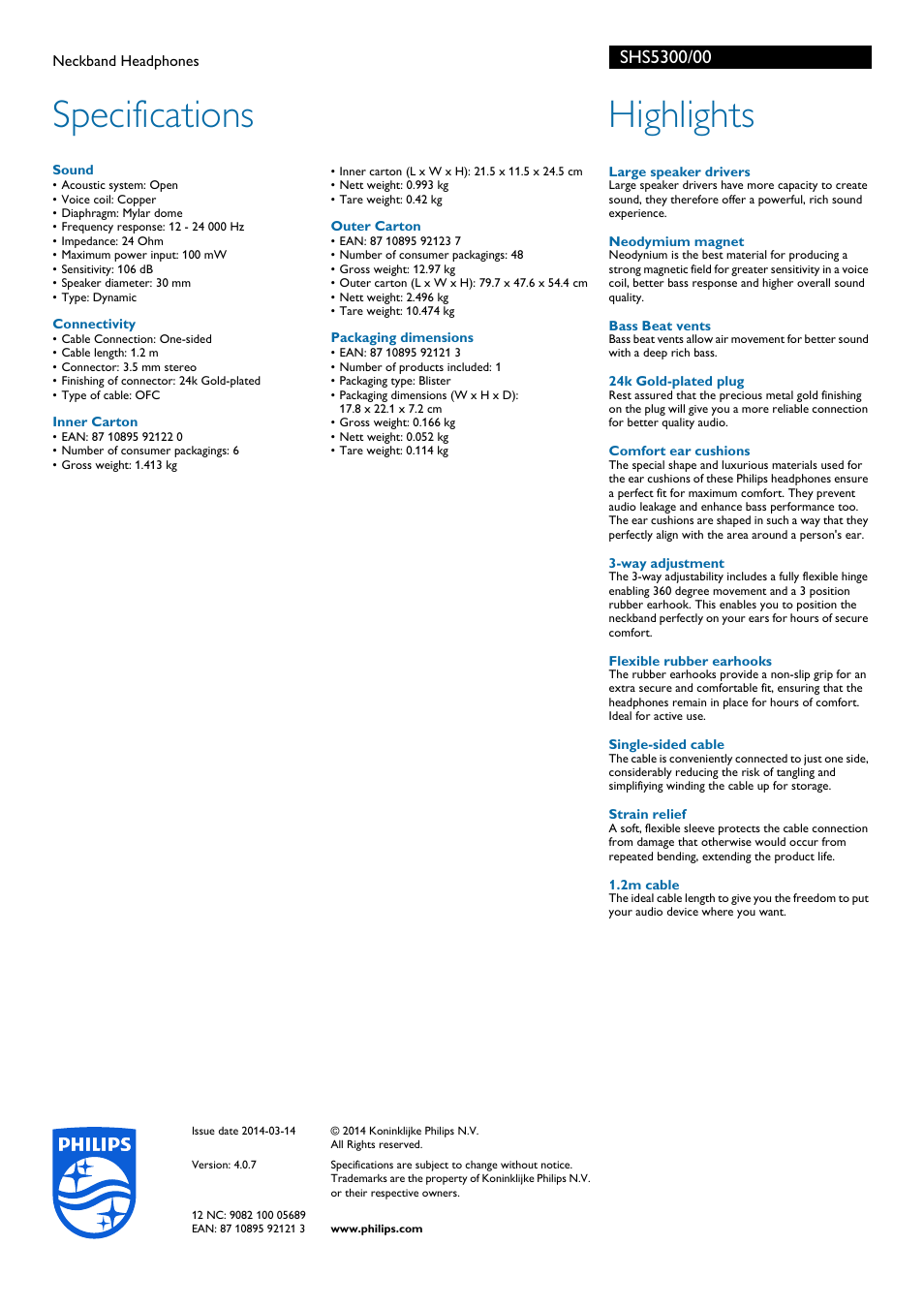 Specifications, Highlights | Philips SHS5300-00 User Manual | Page 2 / 2