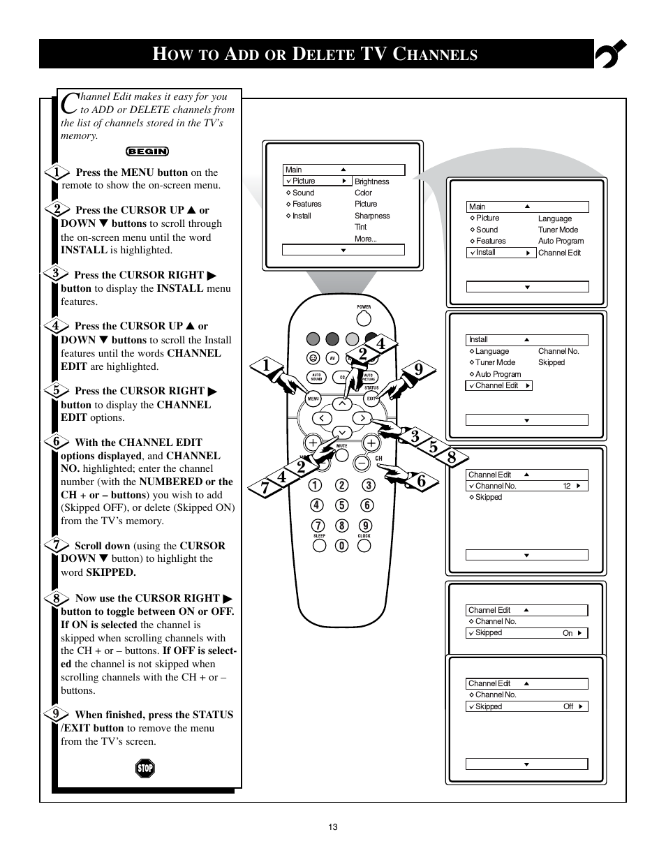 Tv c, Ow to, Dd or | Elete, Hannels | Philips 25PS40S User Manual | Page 13 / 40