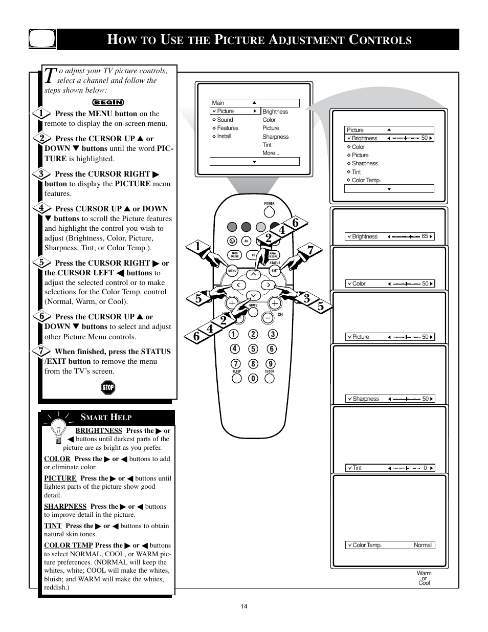 Ow to, Se the, Icture | Djustment, Ontrols | Philips 25PS40S User Manual | Page 14 / 40