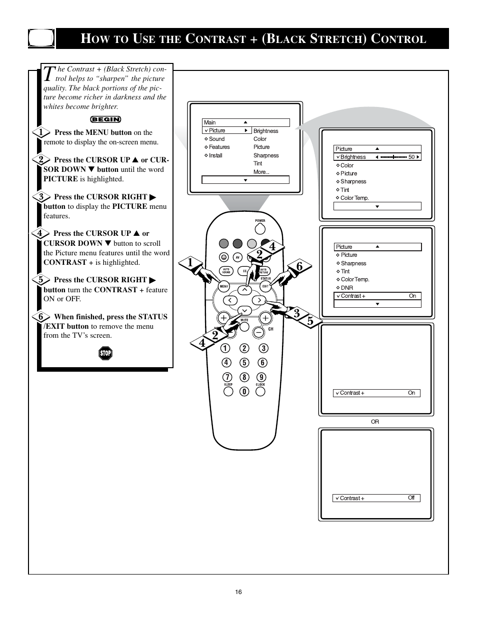 Ow to, Se the, Ontrast | Lack, Tretch, Ontrol | Philips 25PS40S User Manual | Page 16 / 40