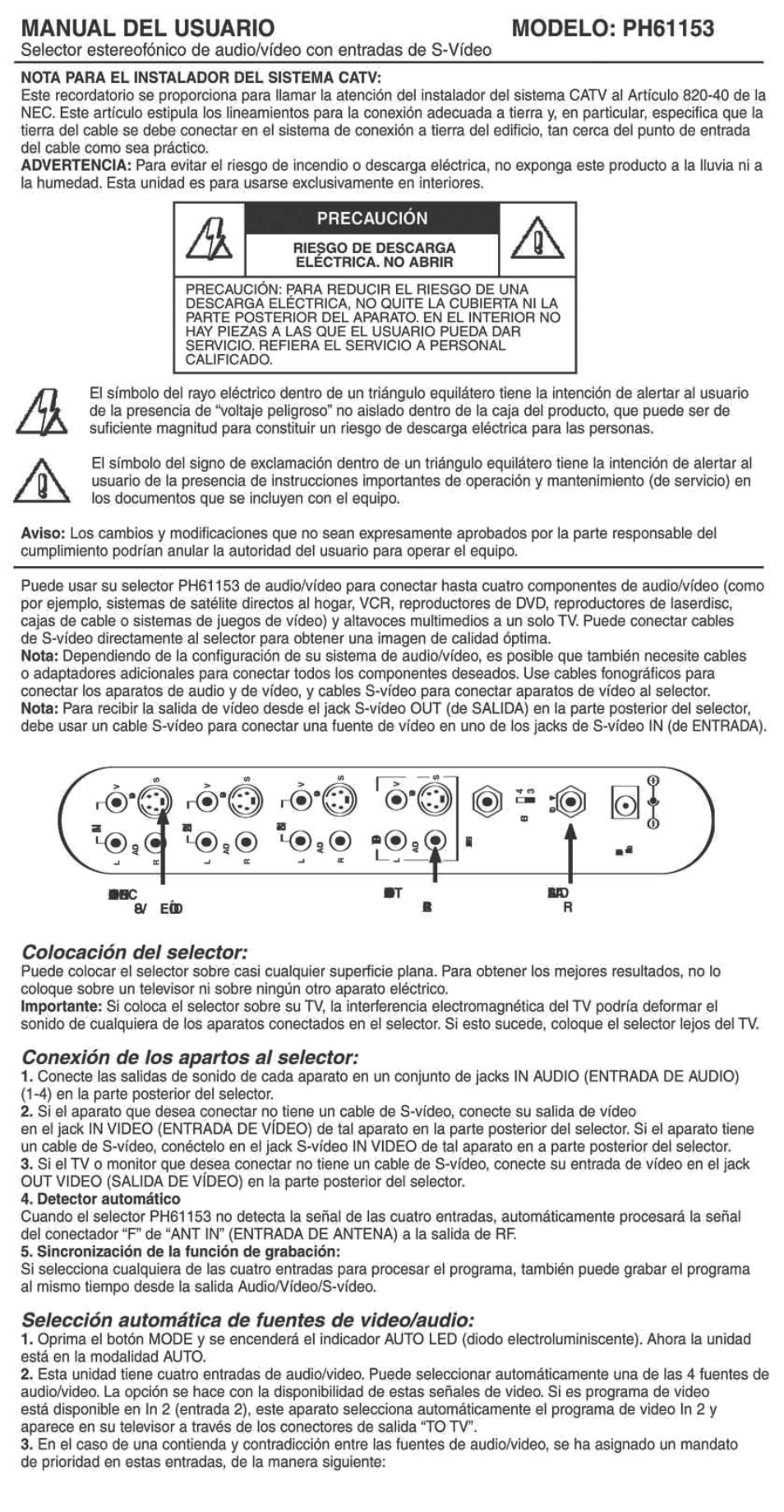 Colocación del selector, Conexión de los apartos al selector, Selección automática de fuentes de video/audio | Philips Audio-video selector US2-PH61153 User Manual | Page 3 / 6