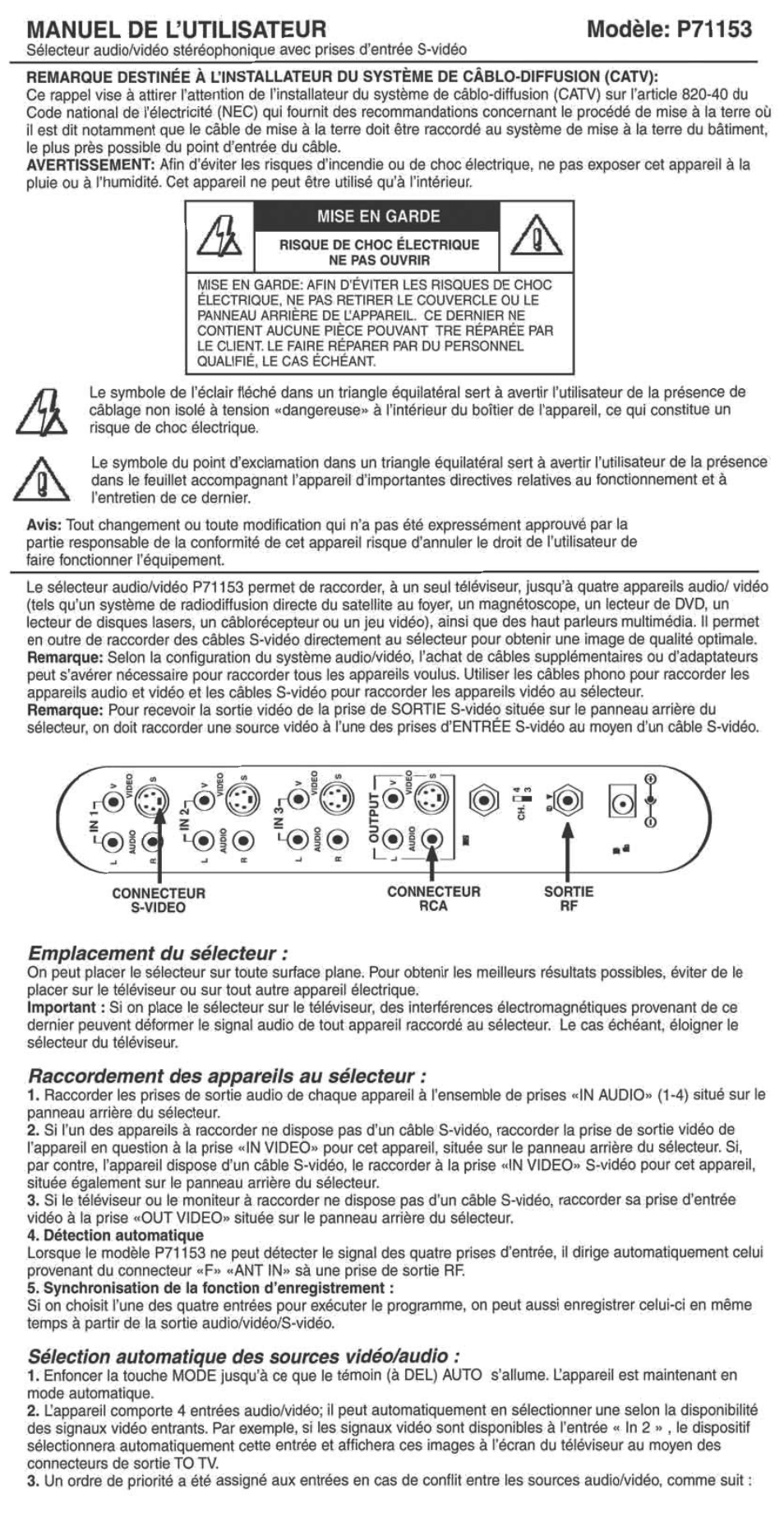 Emplacement du sélecteur, Raccordement des appareils au sélecteur, Sélection automatique des sources vidéo/audio | Manuel de l’utilisateur | Philips Audio-video selector US2-PH61153 User Manual | Page 5 / 6