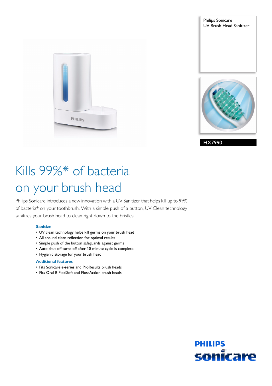 Philips Sonicare UV Brush Head Sanitizer HX7990 User Manual | 2 pages