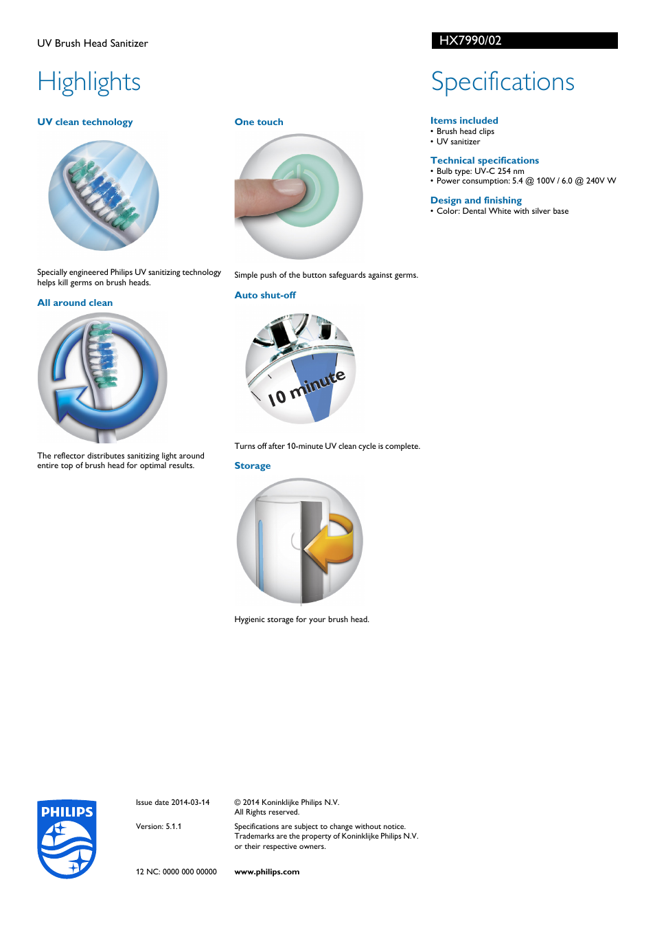 Highlights, Specifications | Philips Sonicare UV Brush Head Sanitizer HX7990 User Manual | Page 2 / 2