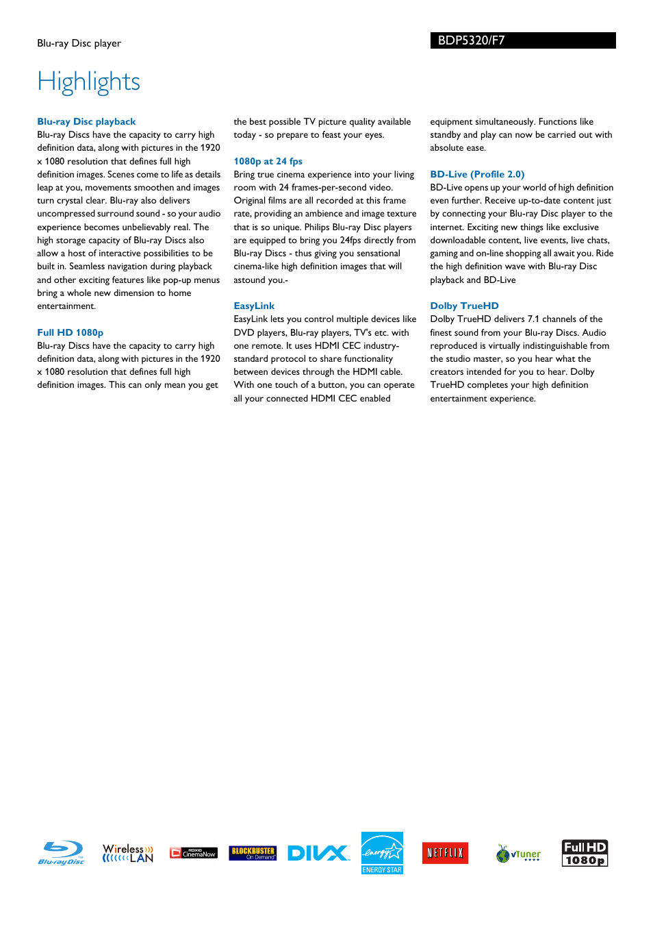 Highlights | Philips BDP5320-F7 User Manual | Page 2 / 3