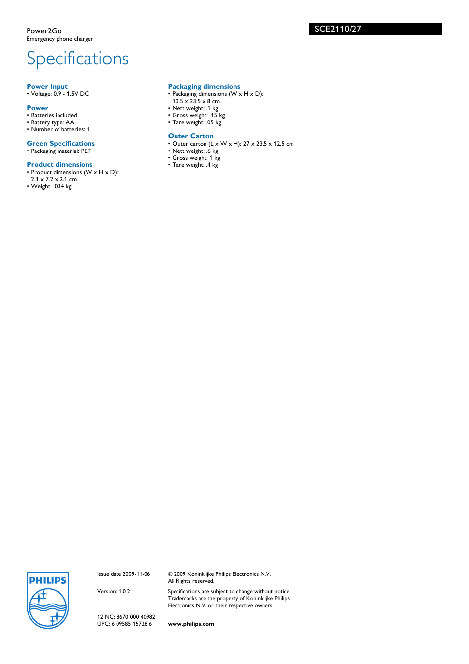 Specifications | Philips SCE2110-27 User Manual | Page 2 / 2