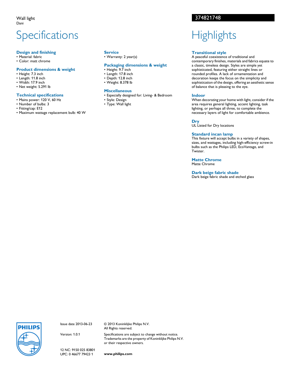 Specifications, Highlights | Philips 374821748 User Manual | Page 2 / 2