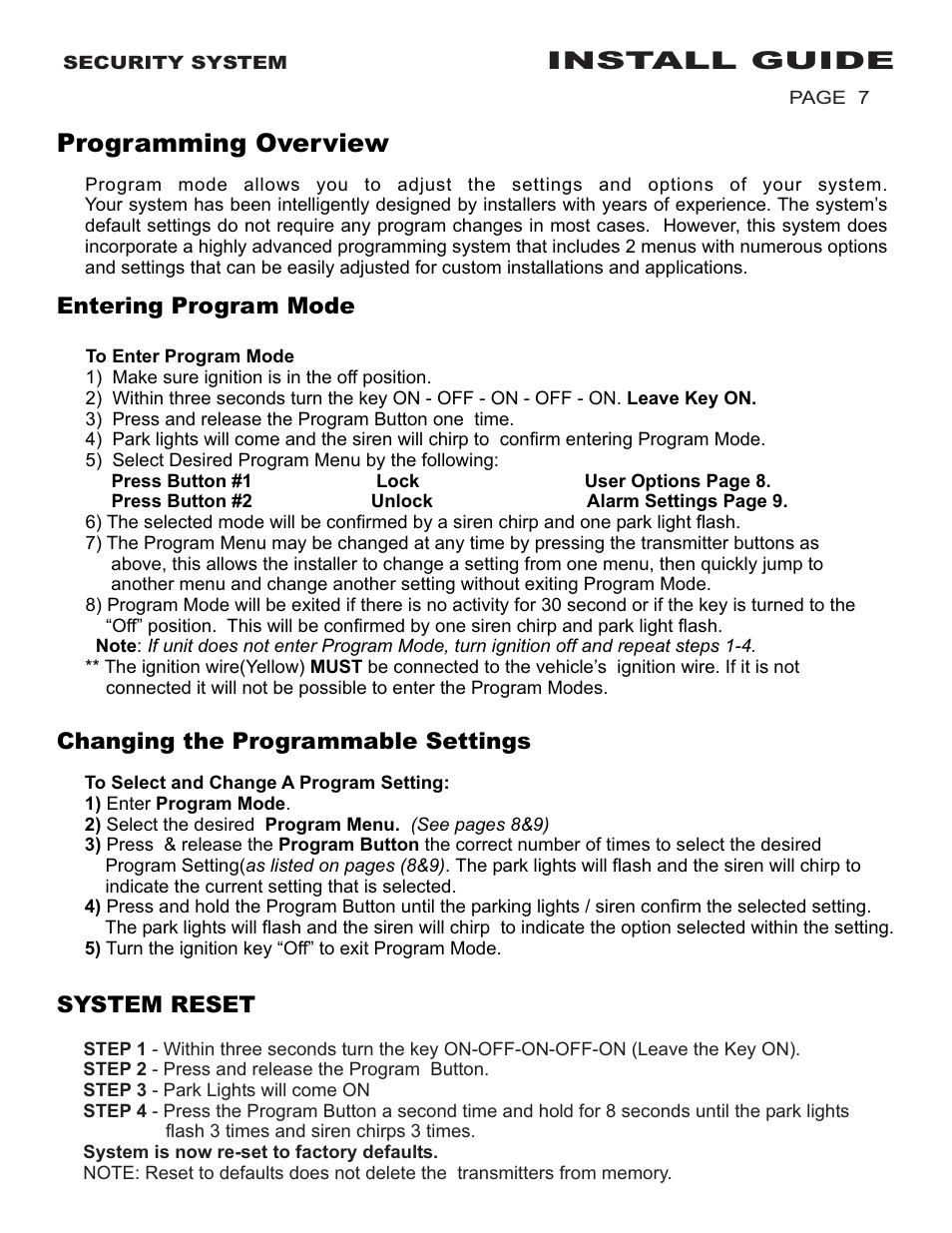 Programming overview, Install guide, System reset | Ultra Start 600 Series User Manual | Page 7 / 12