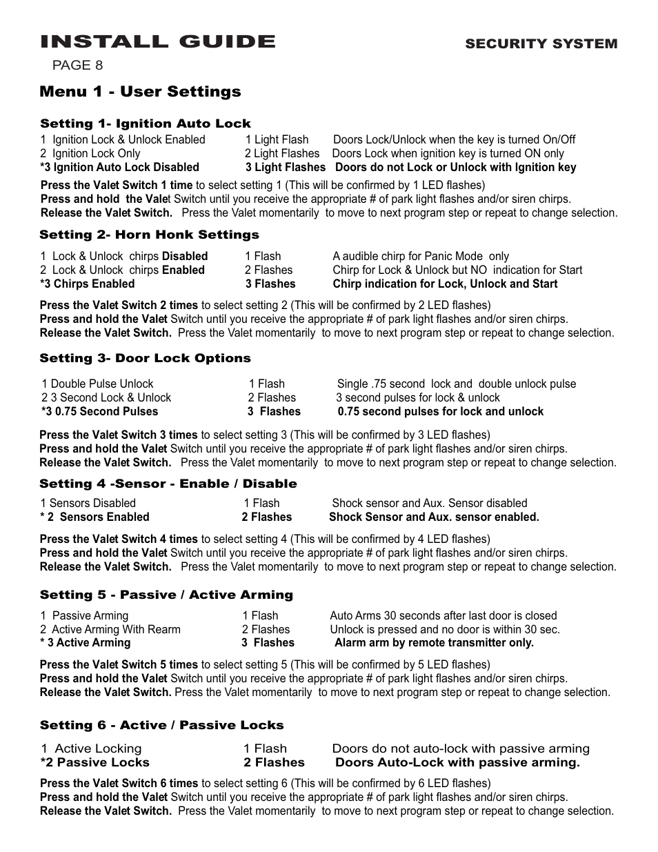 Install guide, Menu 1 - user settings | Ultra Start 600 Series User Manual | Page 8 / 12