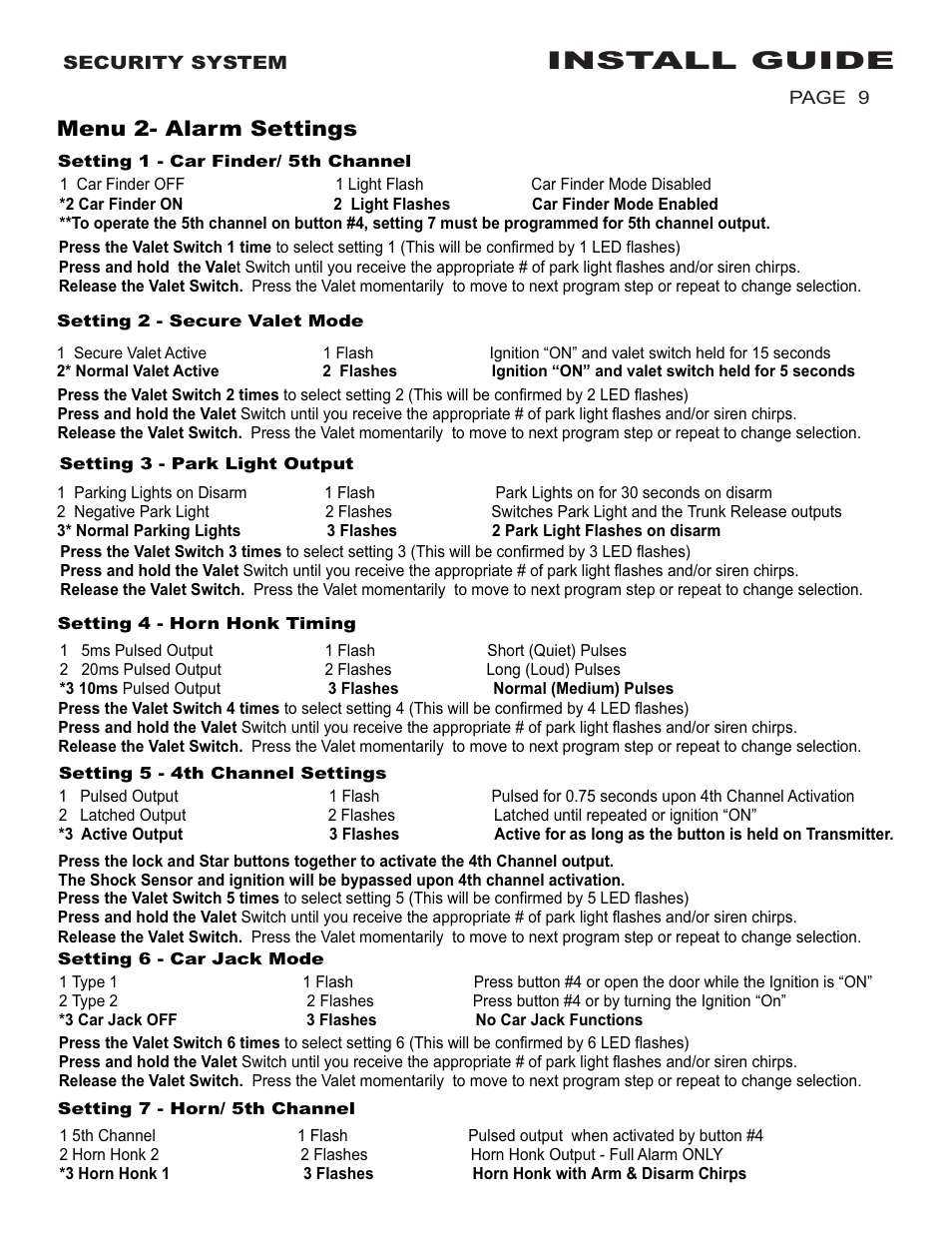 Install guide, Menu 2- alarm settings | Ultra Start 600 Series User Manual | Page 9 / 12