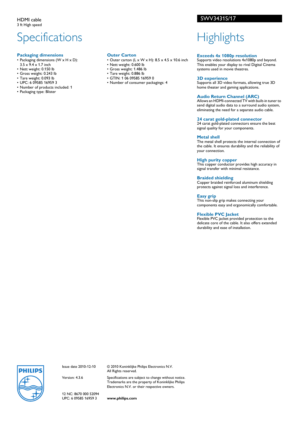 Specifications, Highlights | Philips SWV3431S-17 User Manual | Page 2 / 2