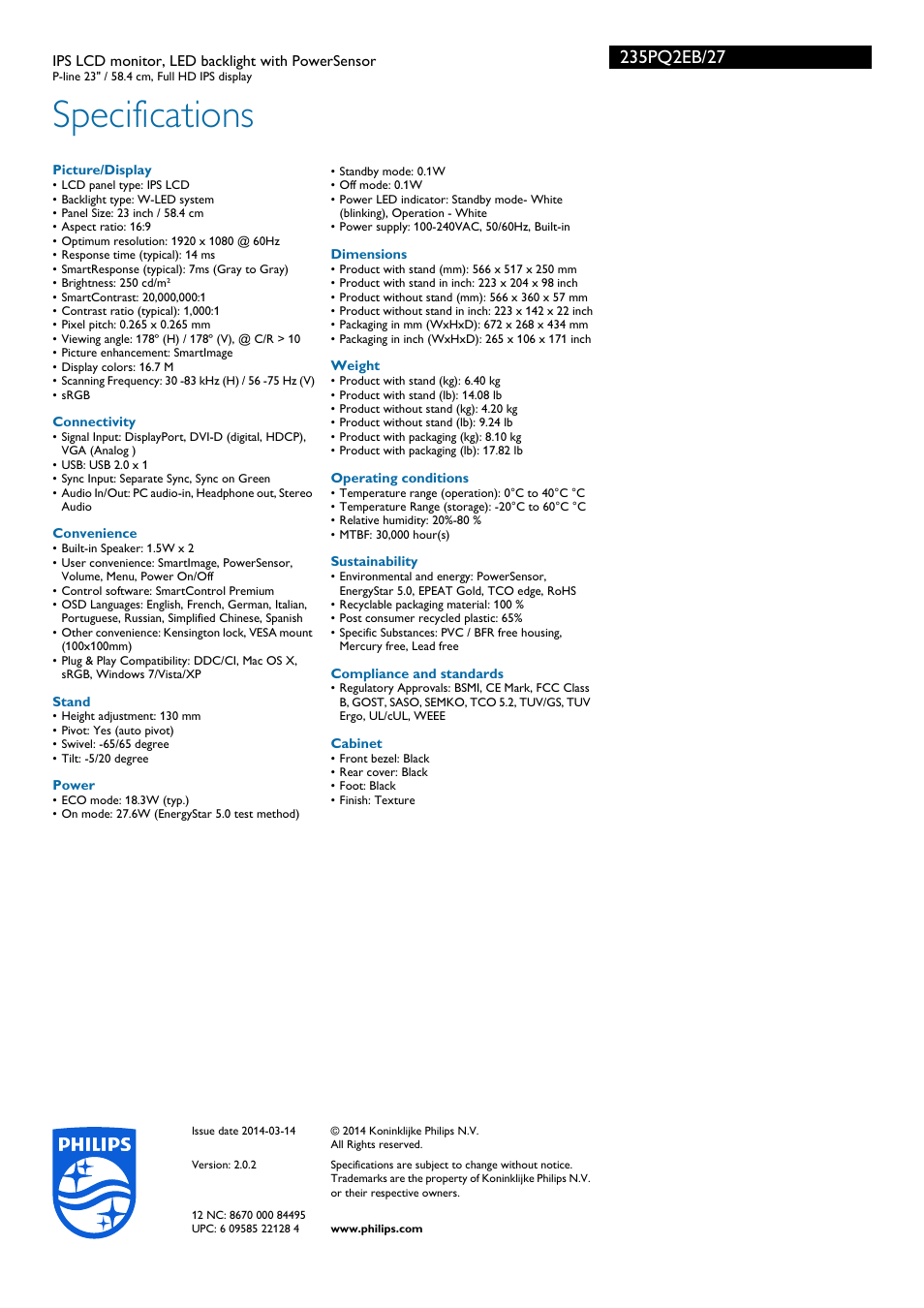 Specifications | Philips 235PQ2EB-27 User Manual | Page 3 / 3