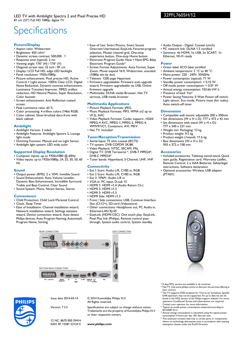 Specifications | Philips 32PFL7605H-12 User Manual | Page 3 / 3